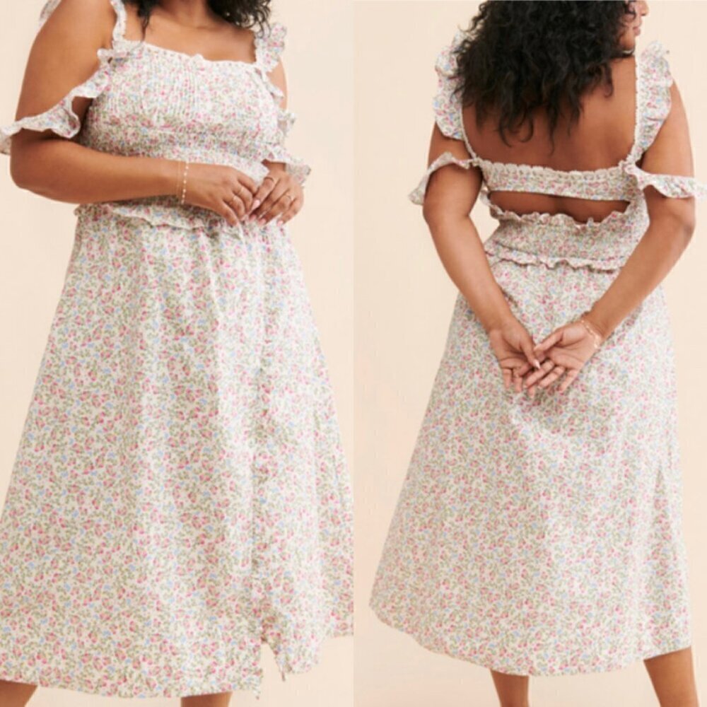 For Love & Lemons Amalfi White Pastel Floral‎ Ruffle Midi Dress 1X​​​​​​​​​​​